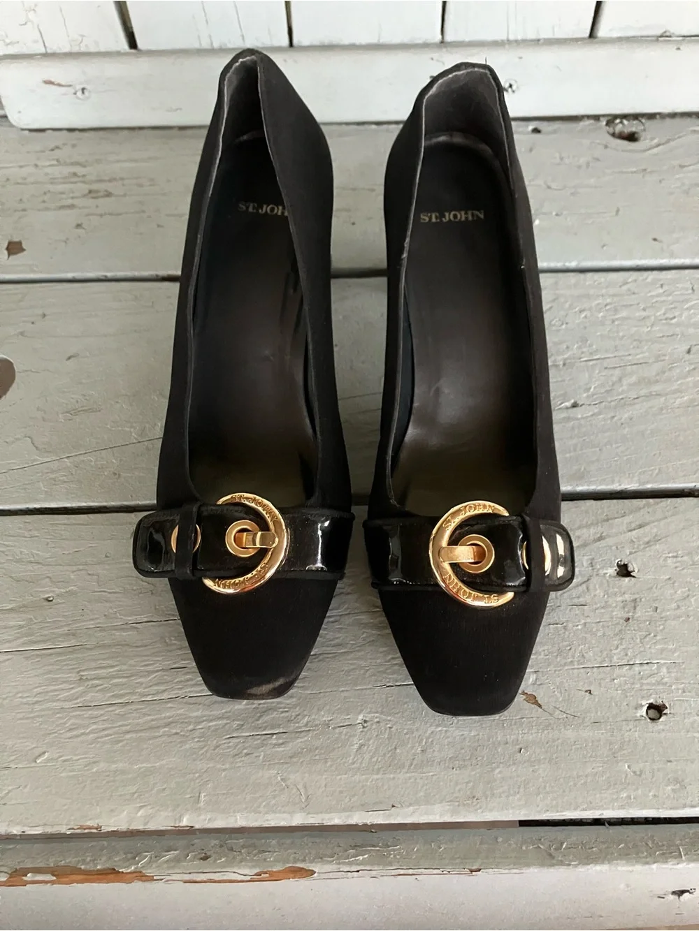 St. John Black Pumps with Gold Buckle Accent (Slim Size 9)